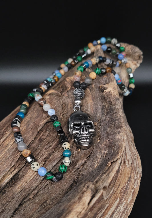 U-HESK-1007 Halbedelsteinkette mit Skull-Anhänger UNIKAT