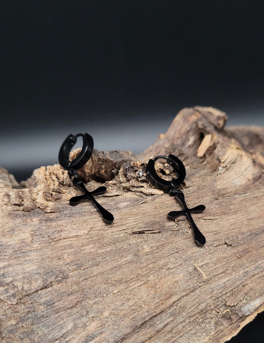 OE-1011 Edelstahl-Creole schwarz mit Kreuz-Anhänger