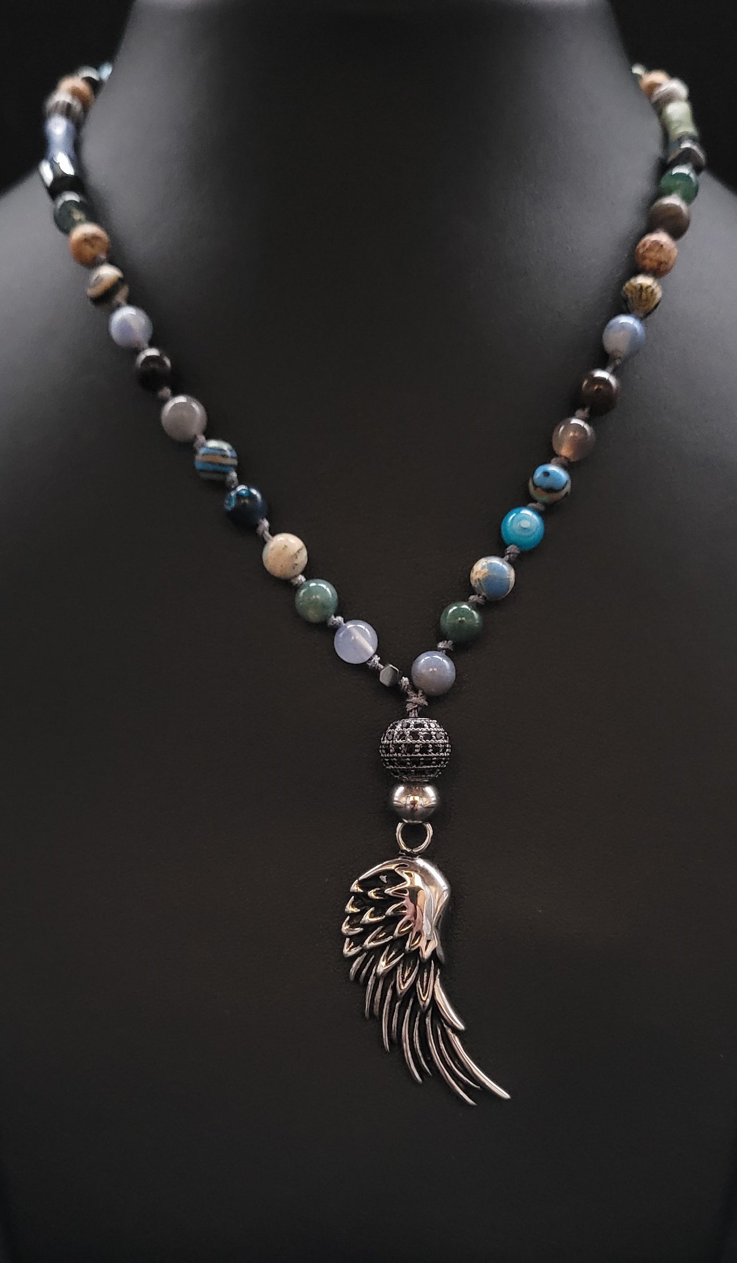 U-HESK-1001 Halbedelstein-Kette mit Engelsflügel UNIKAT